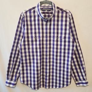 Express Purple & White Plaid Long Sleeve Button Down Shirt